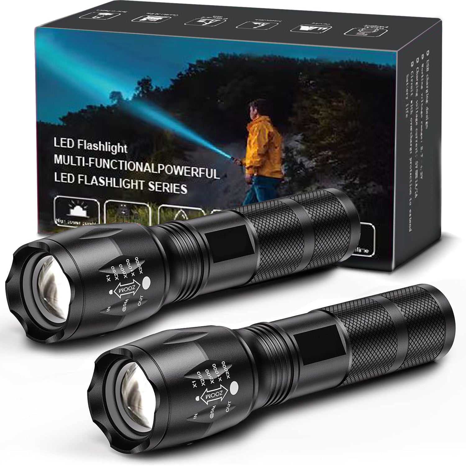 2-Pack High-Powered LED Flashlight - Zoomable Focus & Waterproof Torch