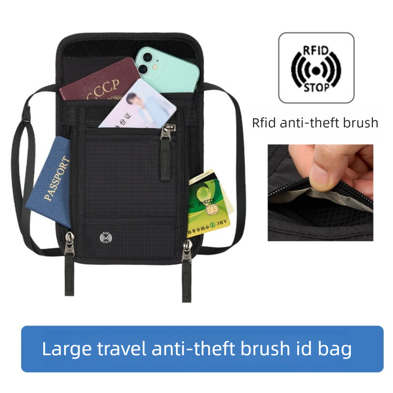 Dark Grey RFID Neck Passport Holder - 16.3 x 22.8 cm Lightweight Nylon and Polyester Crossbody Travel Wallet and Document Organiser for Phone, Cards, Cash and Tickets
