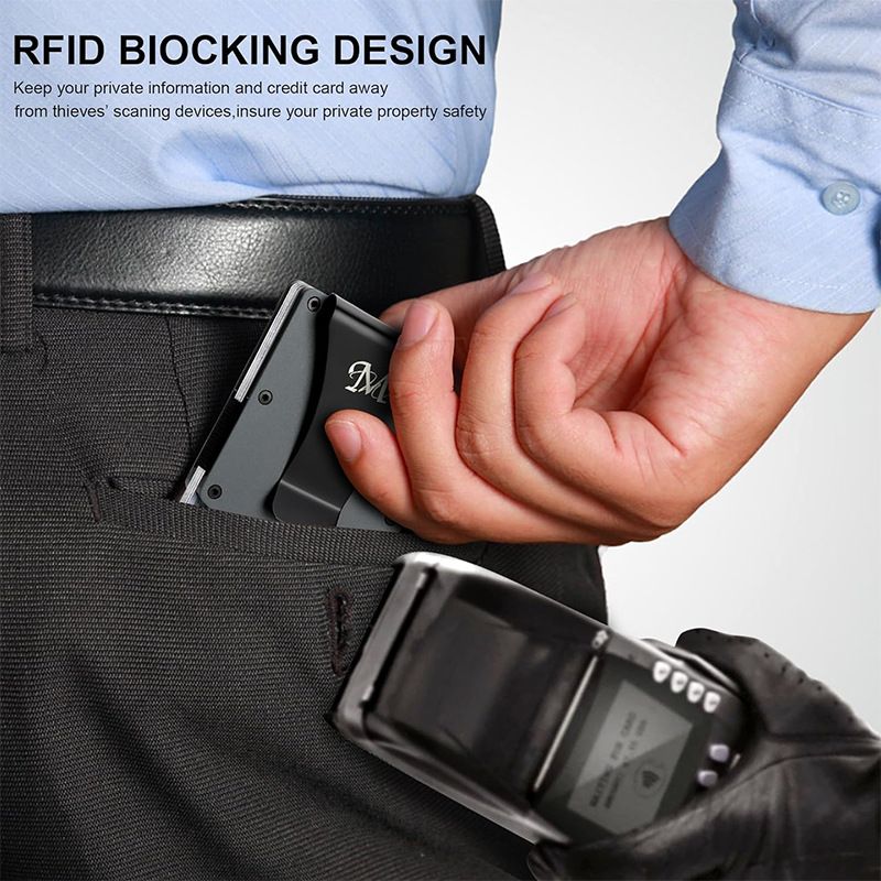 Blue Slim RFID Blocking Aluminum Card Holder - Metal Wallet with Cash Strap Minimalist Card Case