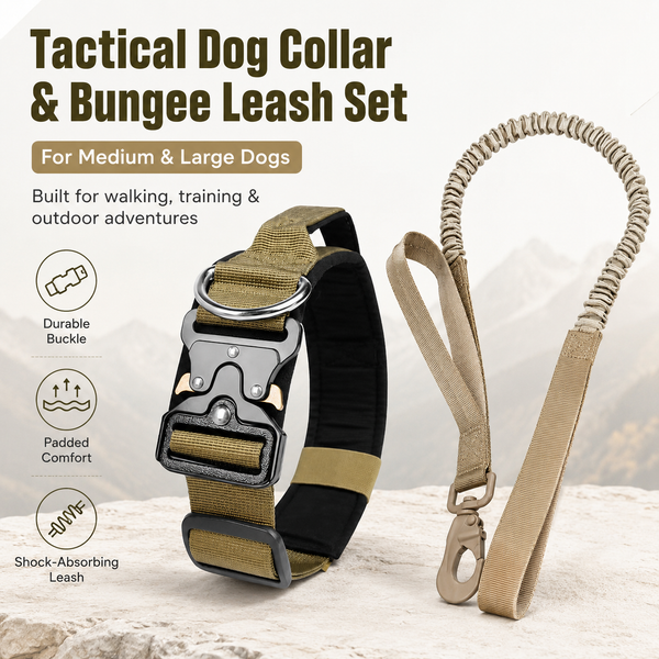 Khaki Tactical Dog Collar and Bungee Lead Set (L size)
