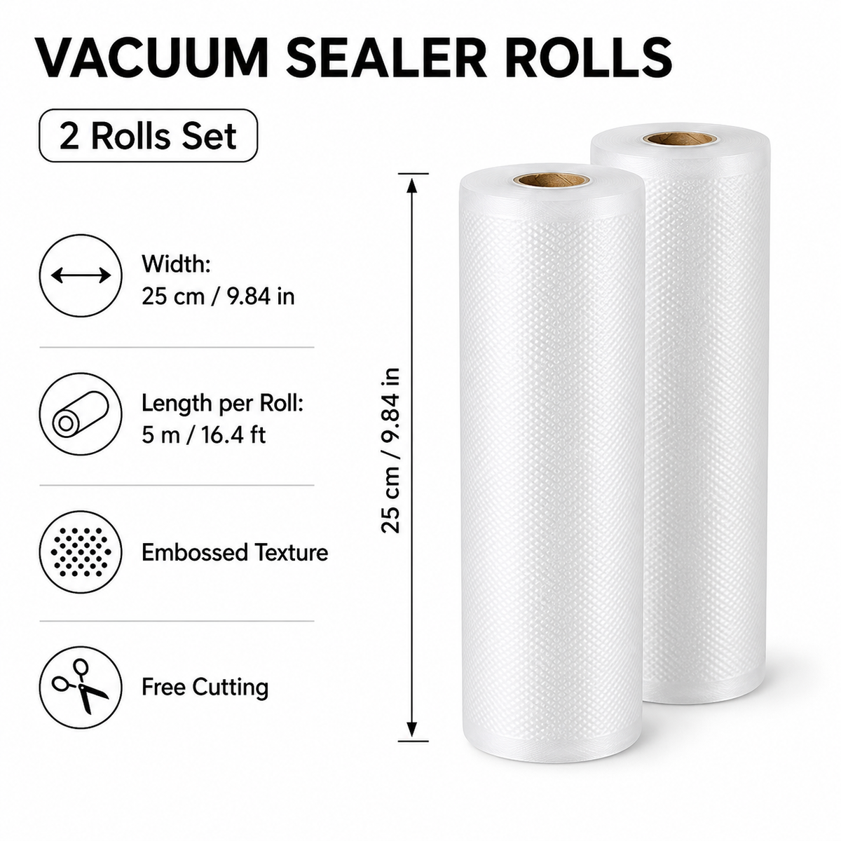 Embossed Vacuum Sealer Bag Rolls, 2 Pack, 25cm x 5m