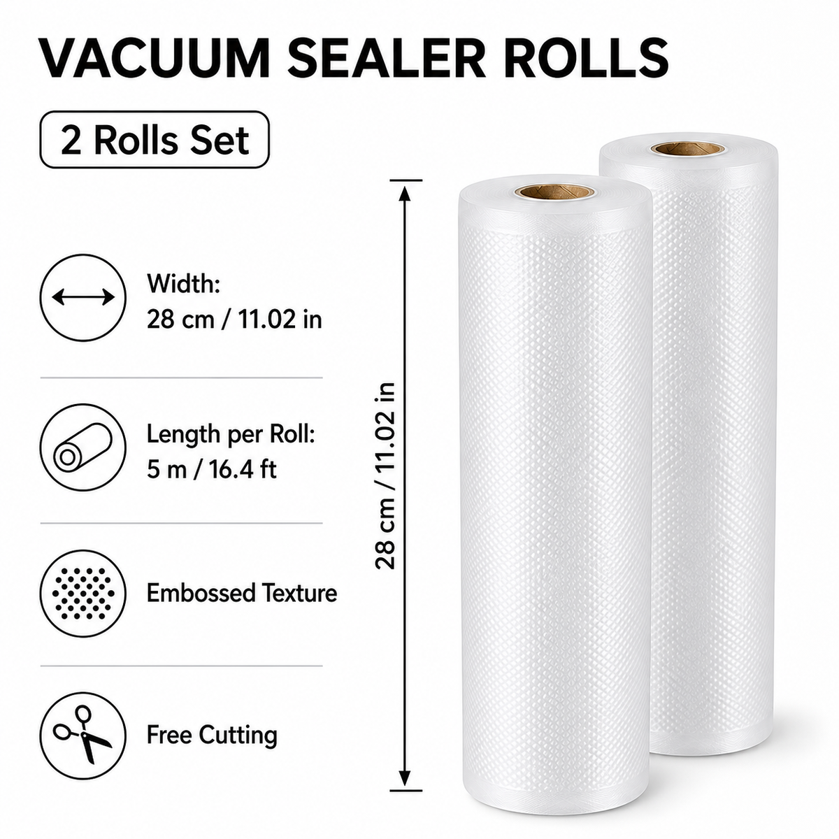 Embossed Vacuum Sealer Bag Rolls, 2 Pack, 28cm x 5m