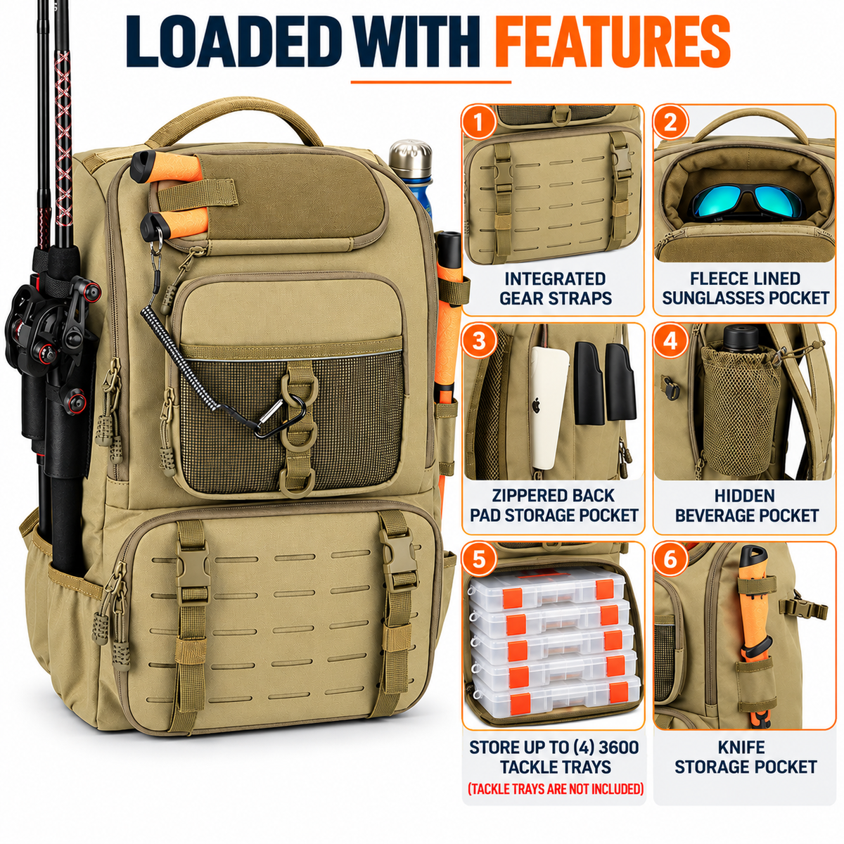 40L Fishing Tackle Backpack, Khaki
