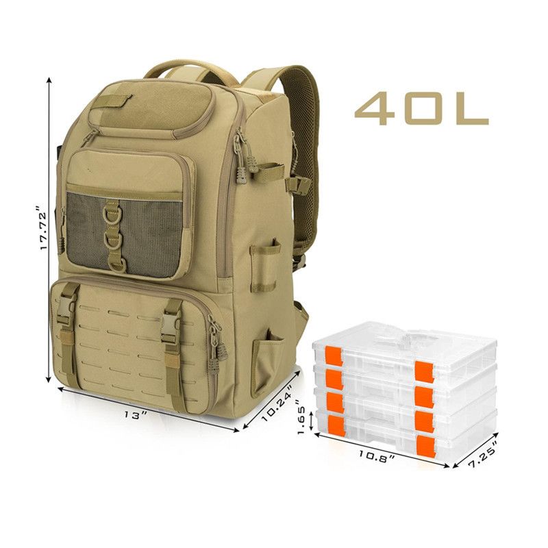 40L Fishing Tackle Backpack, Khaki