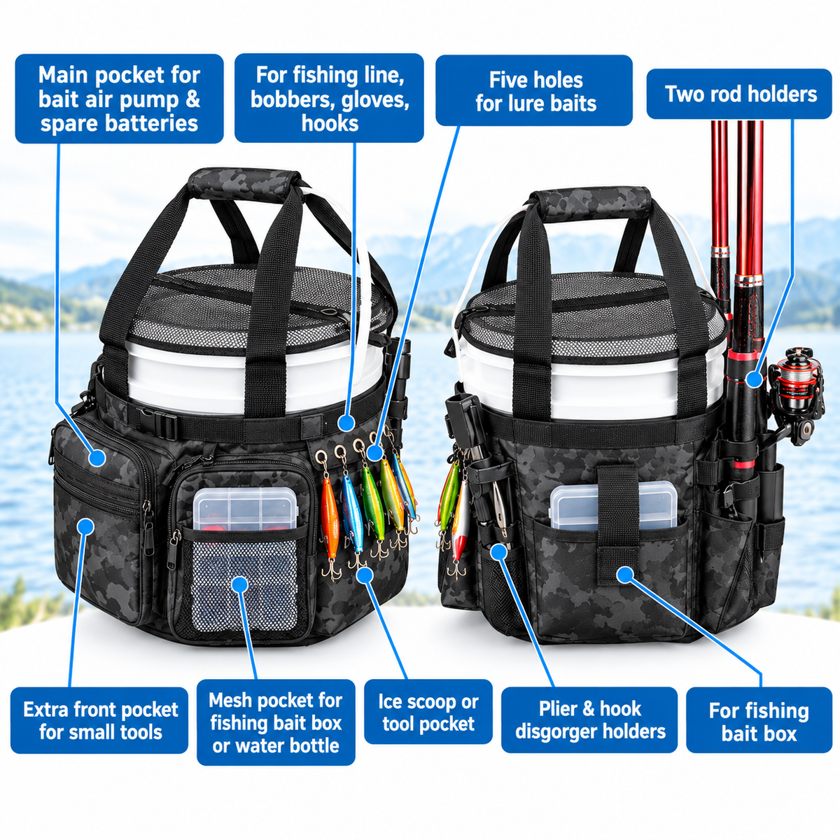 Camouflage Fishing Bucket Storage Wrap & Mesh Cover, 87 x 28 cm