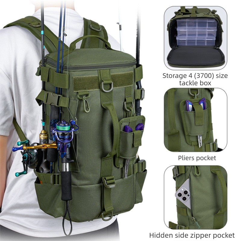 Fishing Tackle Backpack with Rod Holders, Green