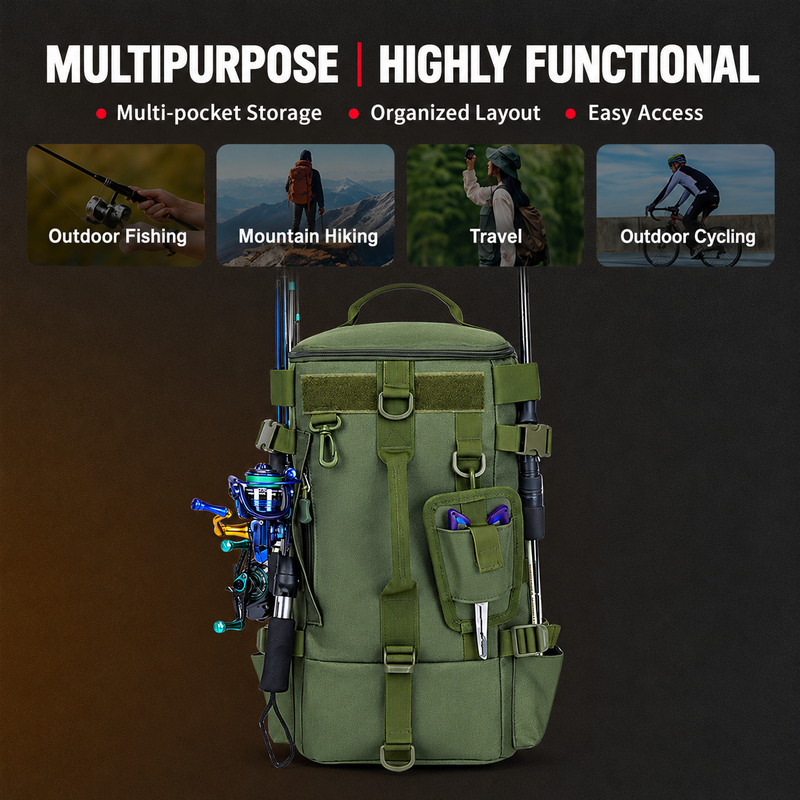 Fishing Tackle Backpack with Rod Holders, Black