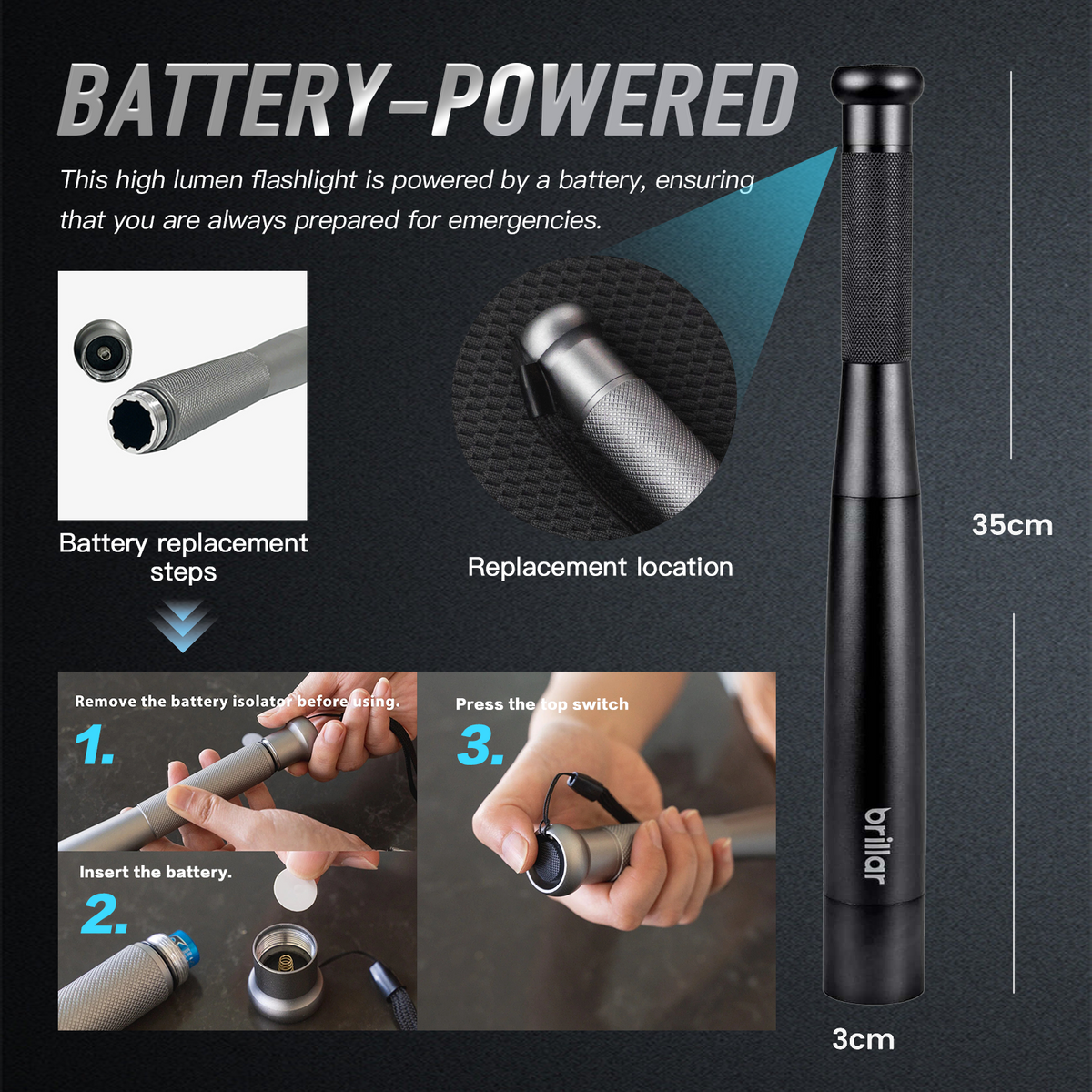 Brillar Aluminium Long Torch, 35cm, Black