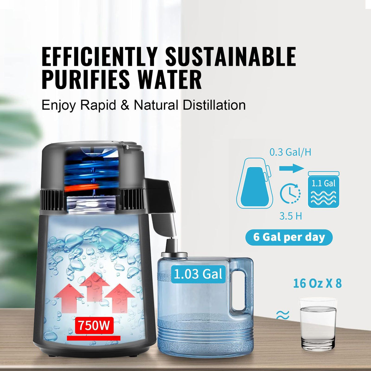 4L Water Distiller, 750W, Stainless Steel Interior, Black