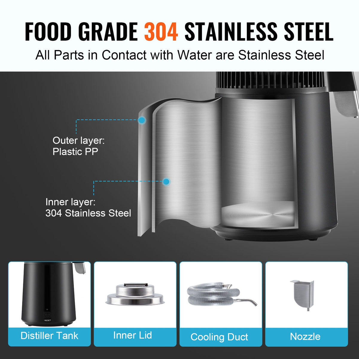 4L Water Distiller, 750W, Stainless Steel Interior, Black