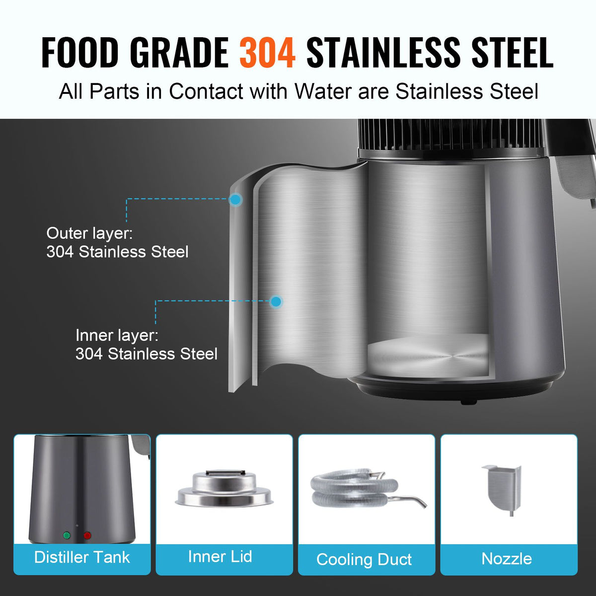 4L Water Distiller, 750W, Stainless Steel Interior, Grey