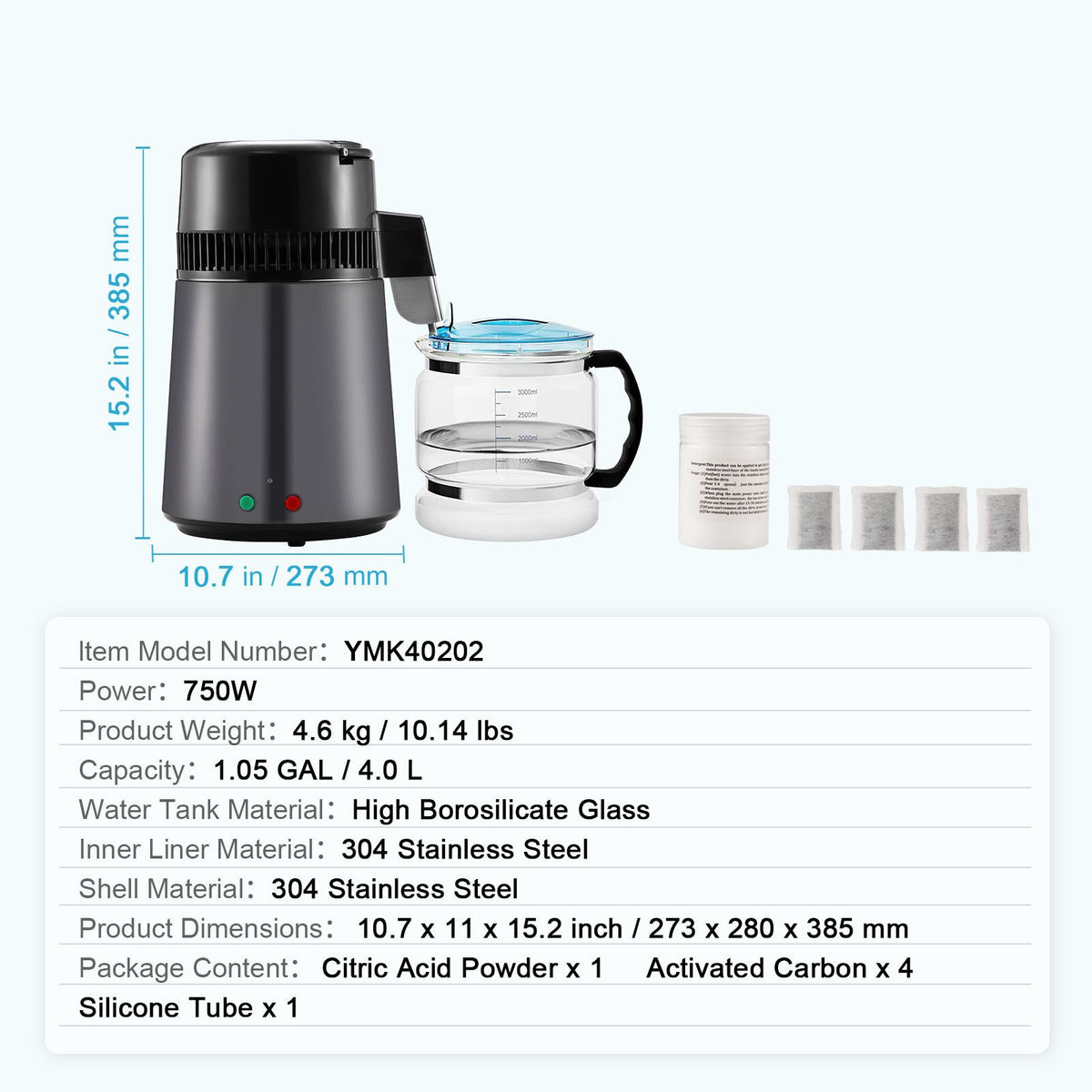 4L Water Distiller, 750W, Stainless Steel Interior, Grey