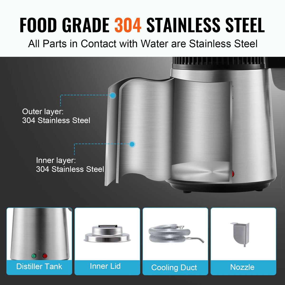 4L Water Distiller, 750W, Stainless Steel Interior, Silver
