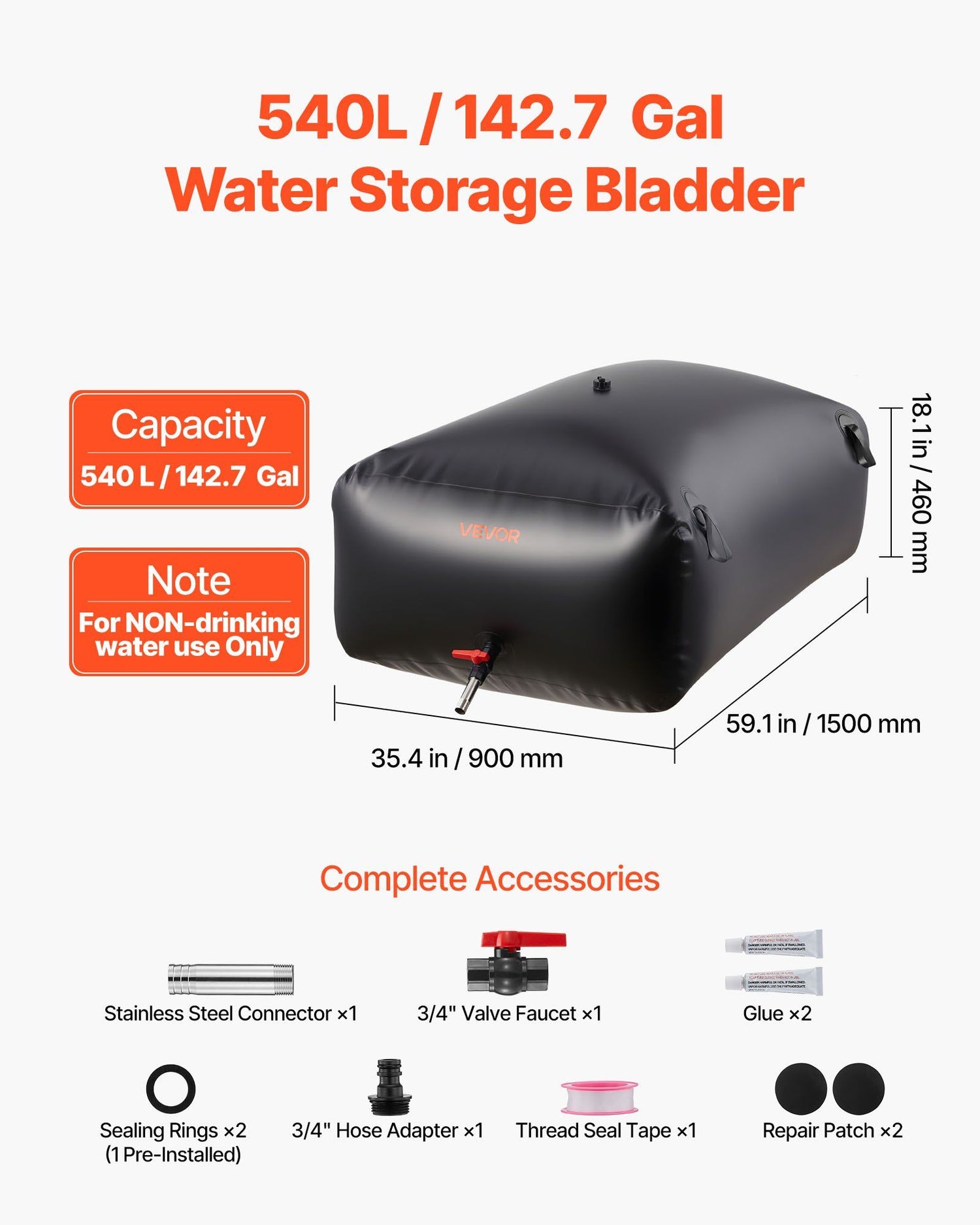 540L (142.7 Gallon) Heavy-Duty PVC Water Storage Bladder