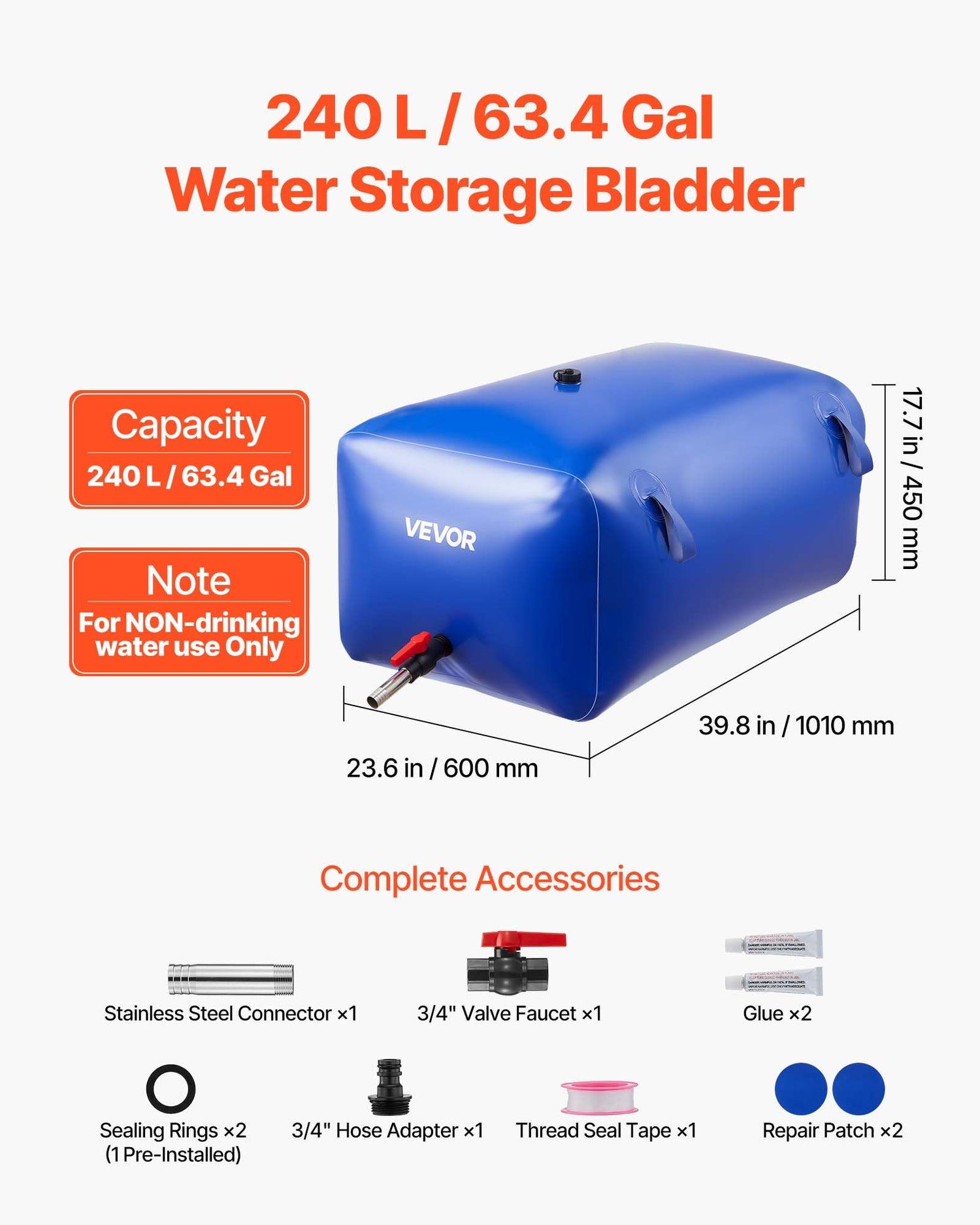 240L (63.4 Gallon) Heavy-Duty PVC Water Storage Bladder