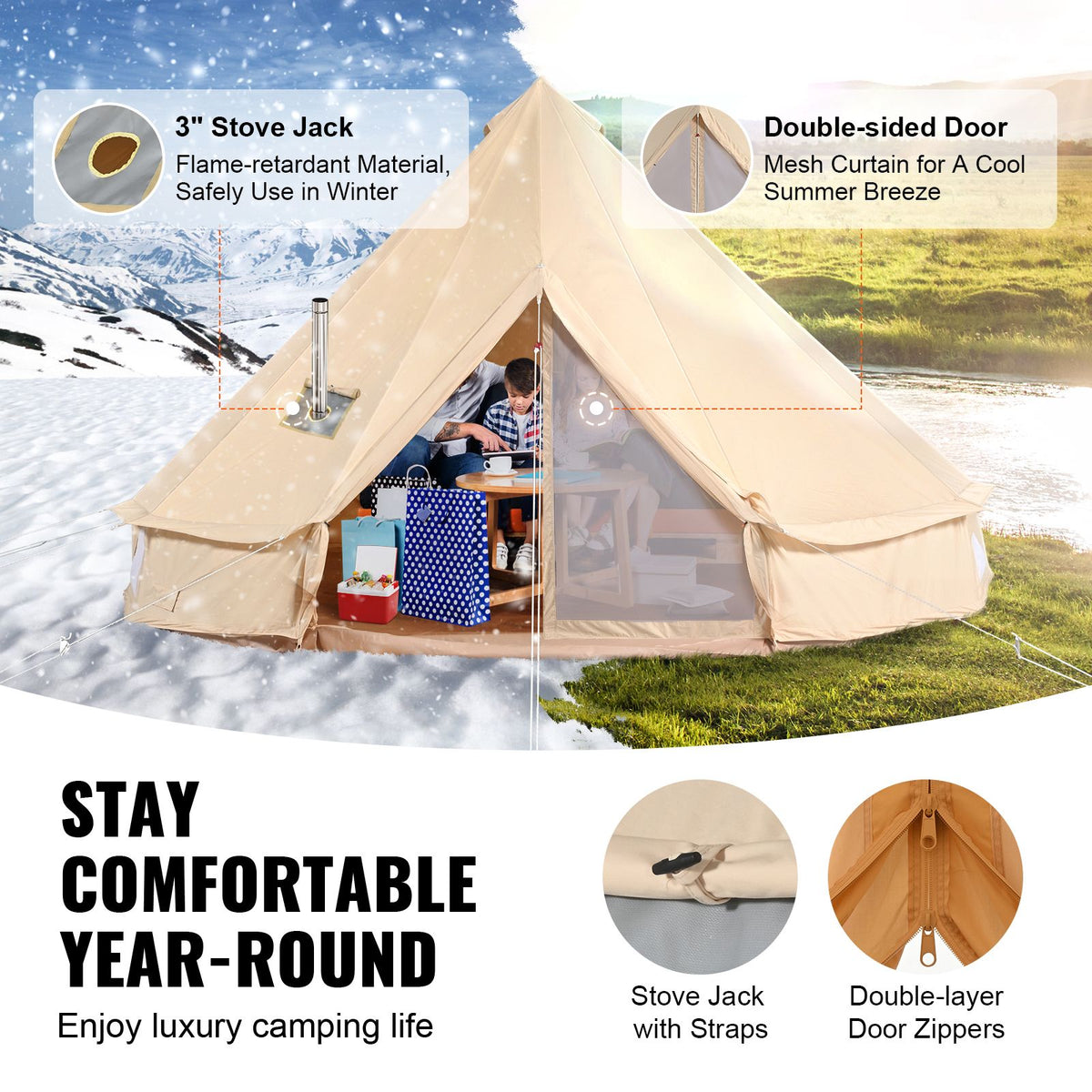Canvas Bell Tent, 3 m, with Stove Jack, Sleeps Up to 4