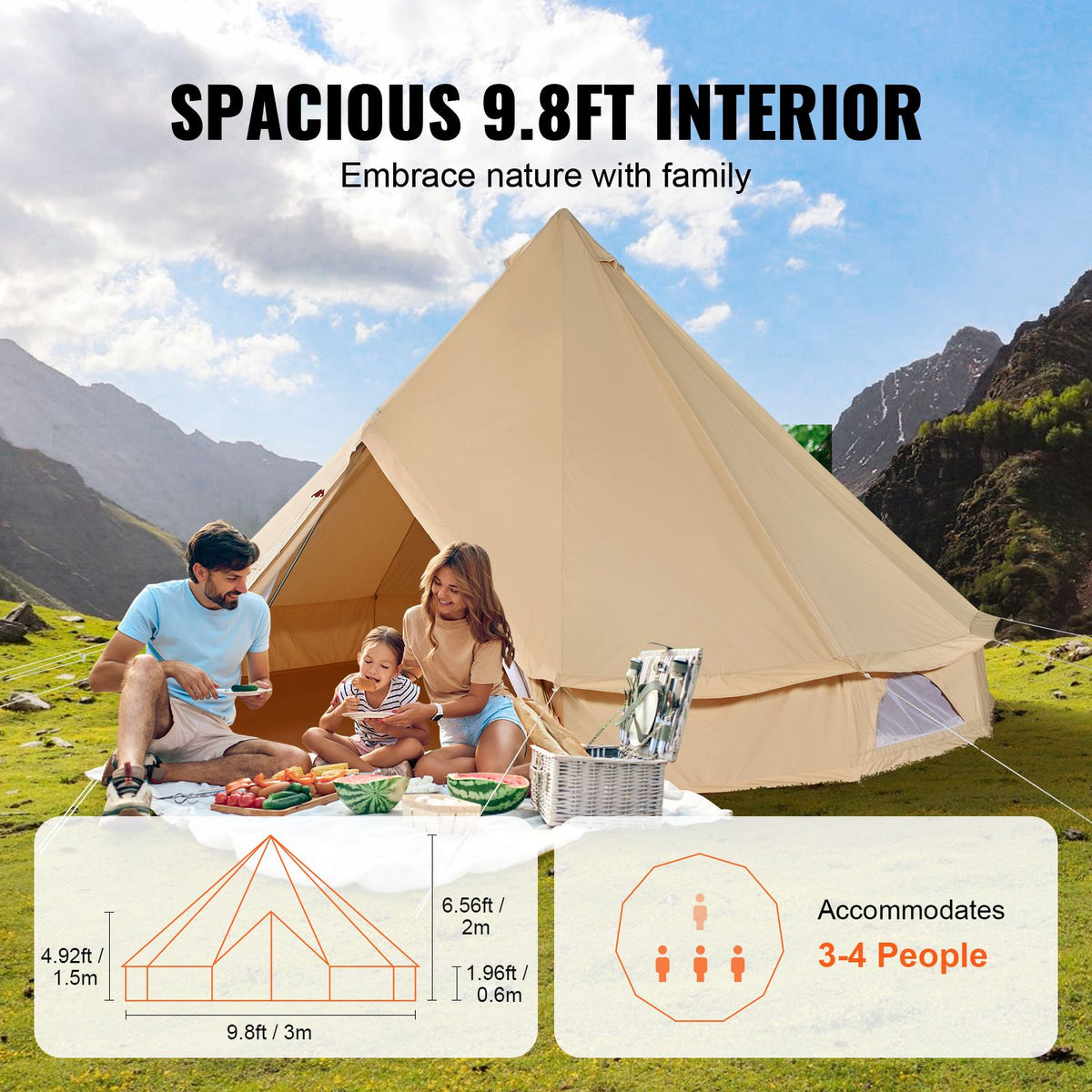 Canvas Bell Tent, 3 m, with Stove Jack, Sleeps Up to 4