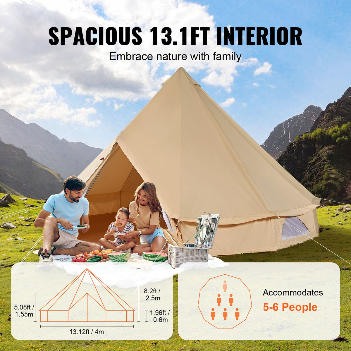 Canvas Bell Tent, 4 m, with Stove Jack, TC Cotton Canvas