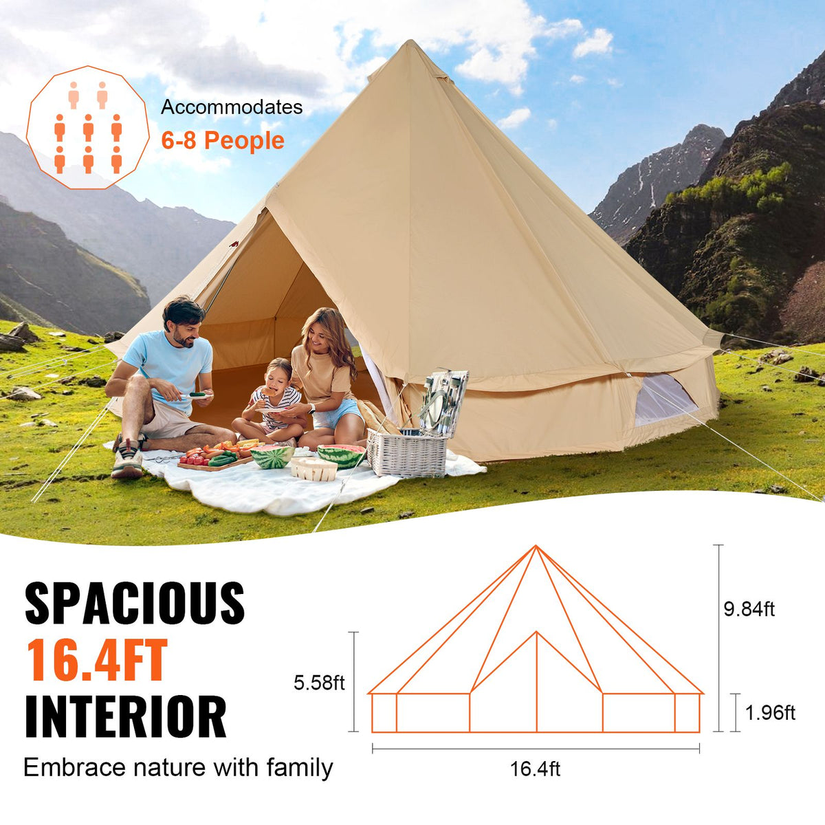 Canvas Bell Tent, 5 m, with Stove Jack, Sleeps Up to 8