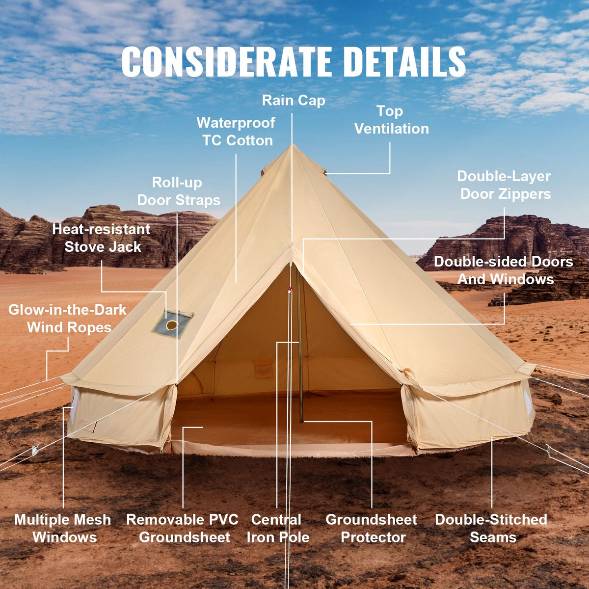 Canvas Bell Tent, 5 m, with Stove Jack, Sleeps Up to 8