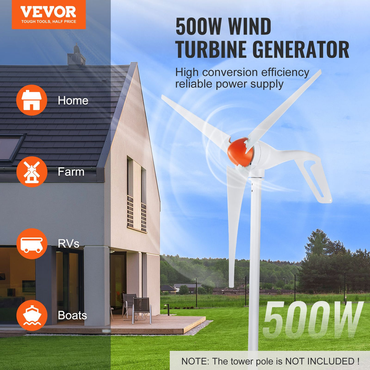 VEVOR 500W 12V Wind Turbine Kit, 3-Blade, MPPT Controller & Anemometer