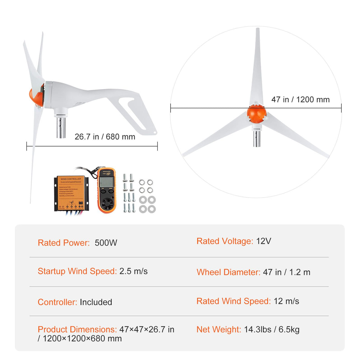 VEVOR 500W 12V Wind Turbine Kit, 3-Blade, MPPT Controller & Anemometer
