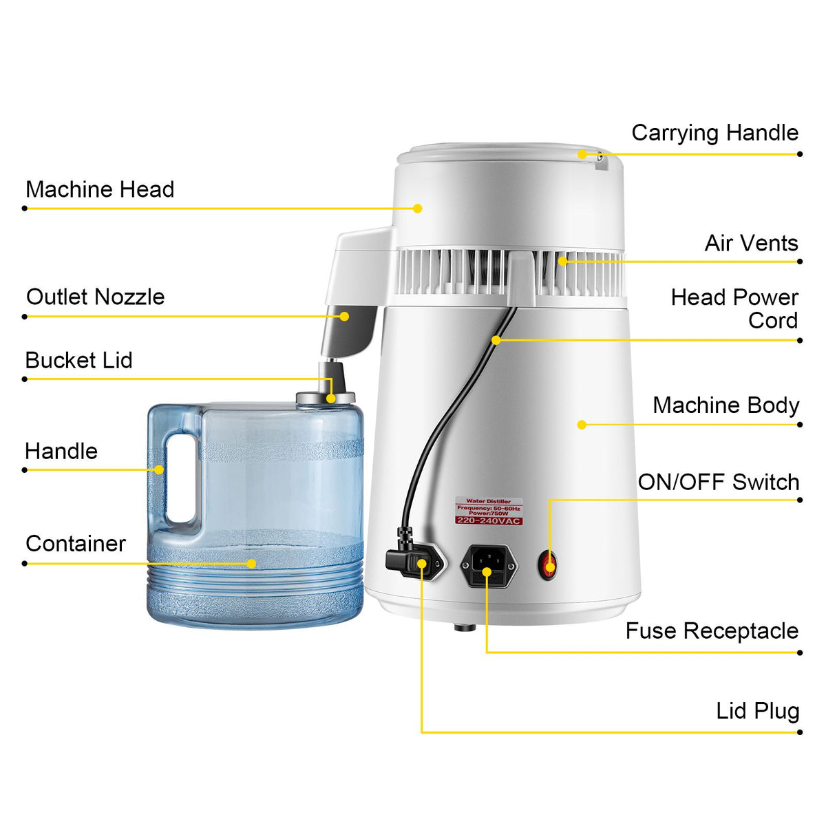 4L Water Distiller with Collection Bottle, 750W, Stainless Steel Interior