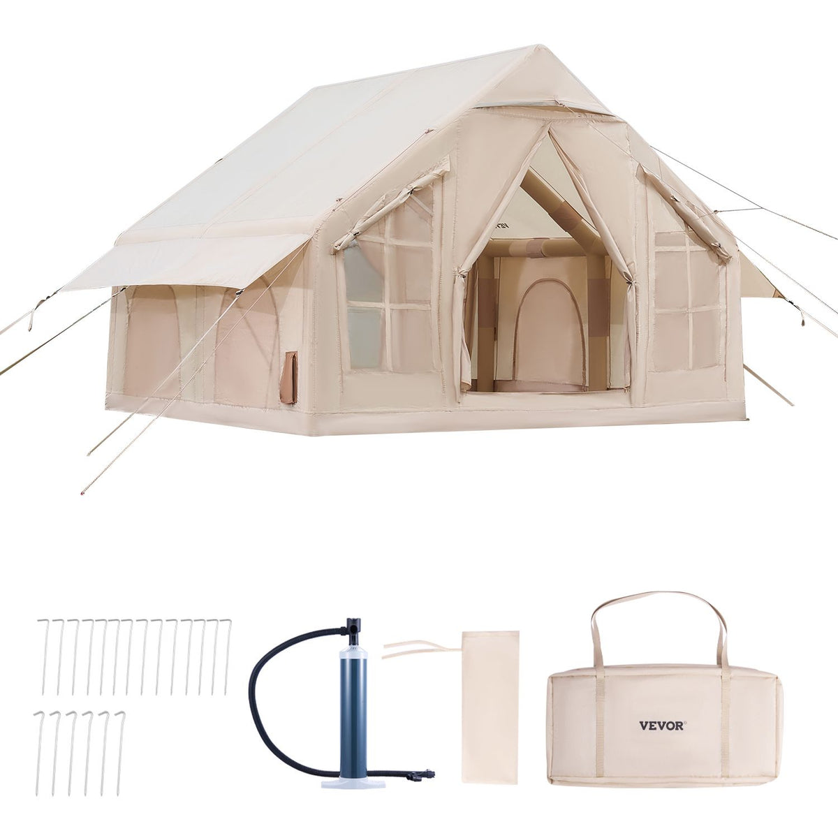 Inflatable Camping Tent, 4-6 Person, 3 x 3 m, with Stove Jack, 2 Doors and 4 Mesh Windows