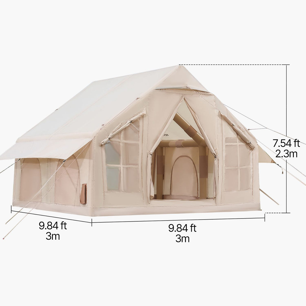 Inflatable Camping Tent, 4-6 Person, 3 x 3 m, with Stove Jack, 2 Doors and 4 Mesh Windows