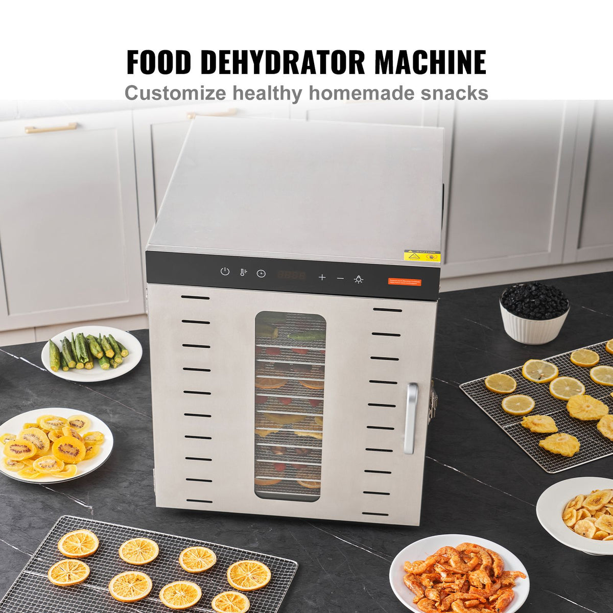 Food Dehydrator, 10 Stainless Trays, 1000W, 30-90°C, 48-Hour Timer