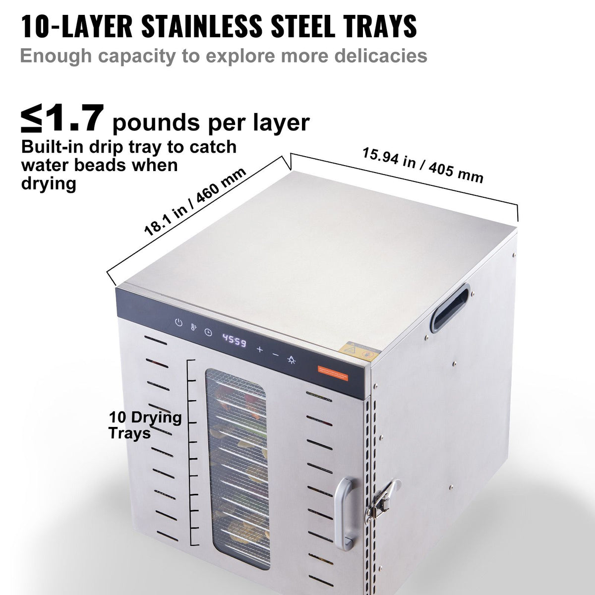 Food Dehydrator, 10 Stainless Trays, 1000W, 30-90°C, 48-Hour Timer