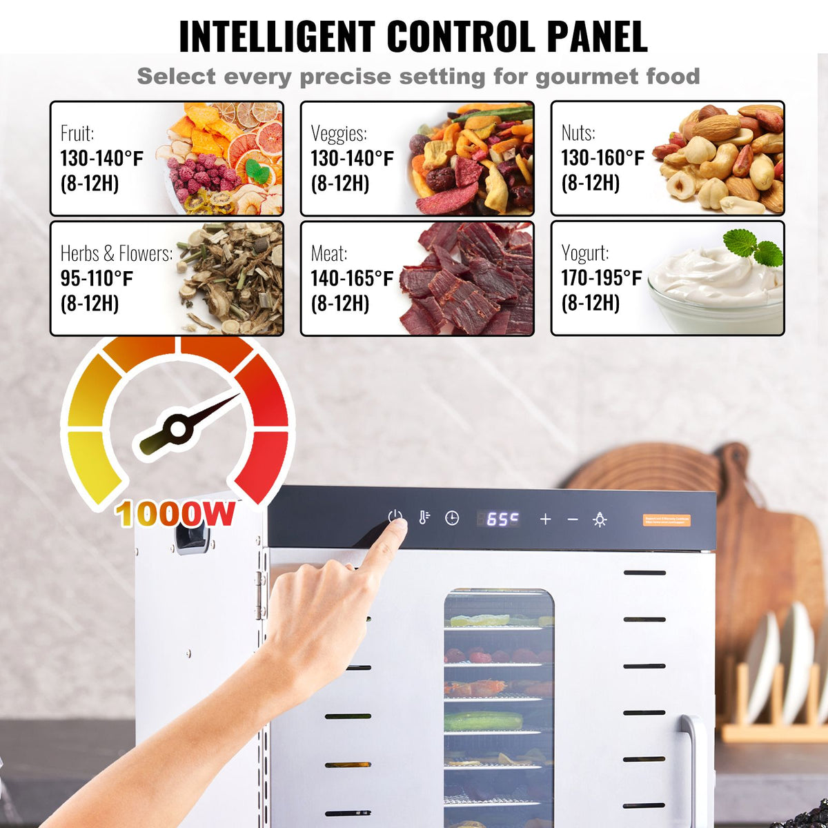 Food Dehydrator, 10 Stainless Trays, 1000W, 30-90°C, 48-Hour Timer
