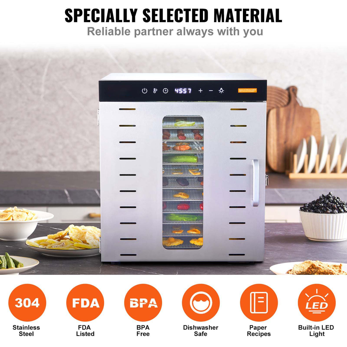 Food Dehydrator, 10 Stainless Trays, 1000W, 30-90°C, 48-Hour Timer