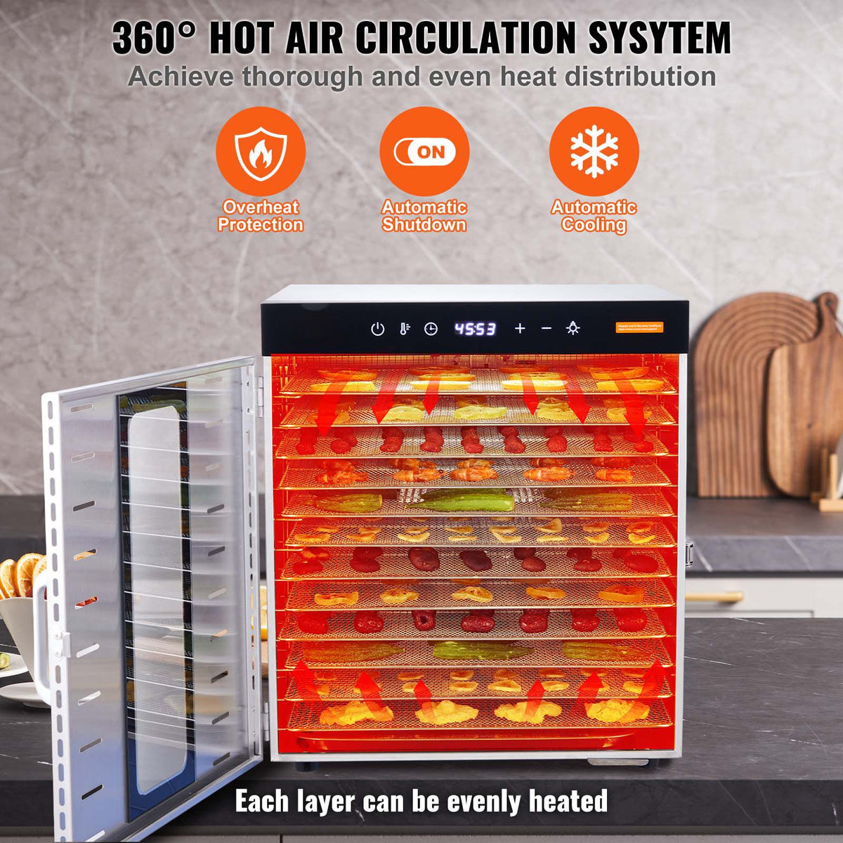 Food Dehydrator, 10 Stainless Trays, 1000W, 30-90°C, 48-Hour Timer