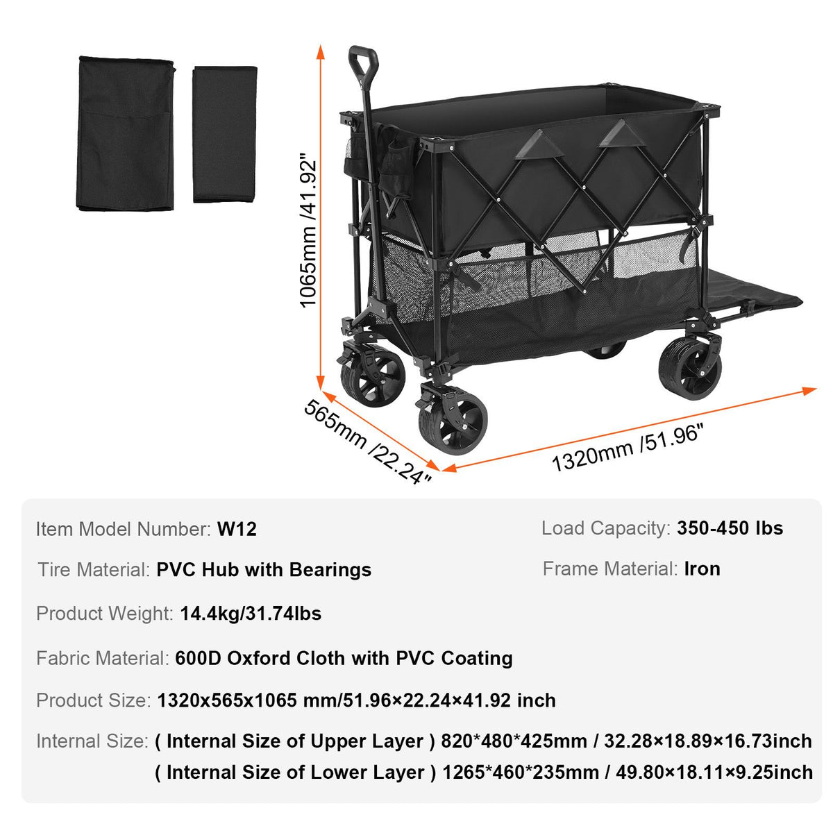 Foldable Double-Decker Wagon, 2-Tier Collapsible Cart, All-Terrain Wheels