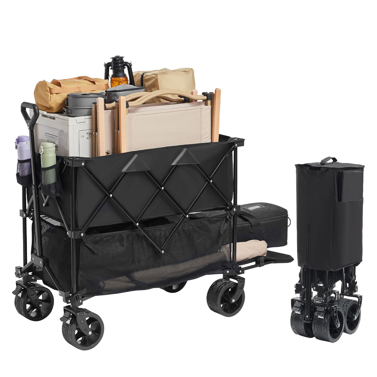 Foldable Double-Decker Wagon, 2-Tier Collapsible Cart, All-Terrain Wheels
