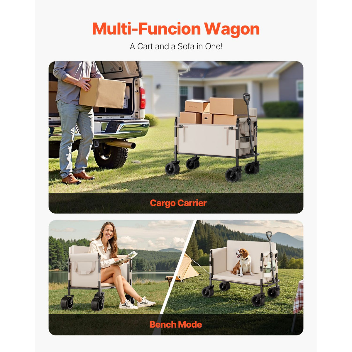 Collapsible Folding Wagon, Converts to Bench Seat, 250kg Load, 220L