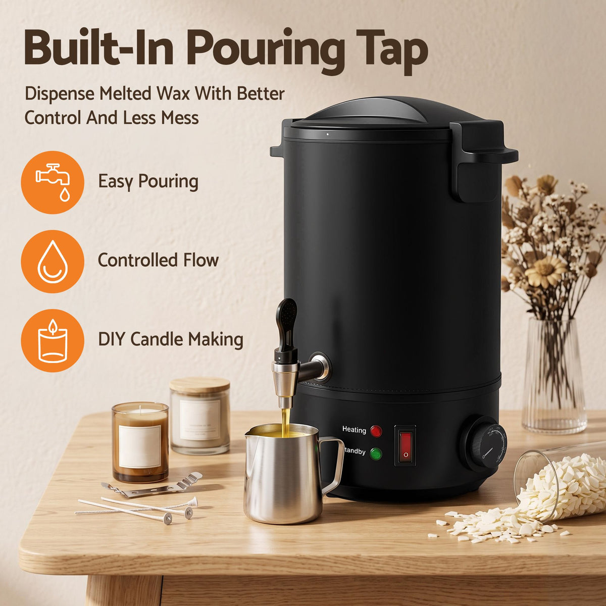 Devanti Electric Wax Melter with Tap, 6L, Black