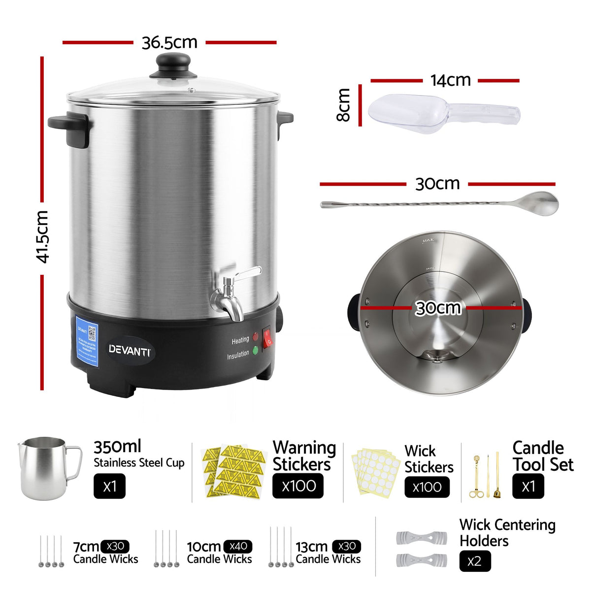 Devanti Electric Wax Melter with Tap and Candle Tool Set, 16L, Silver