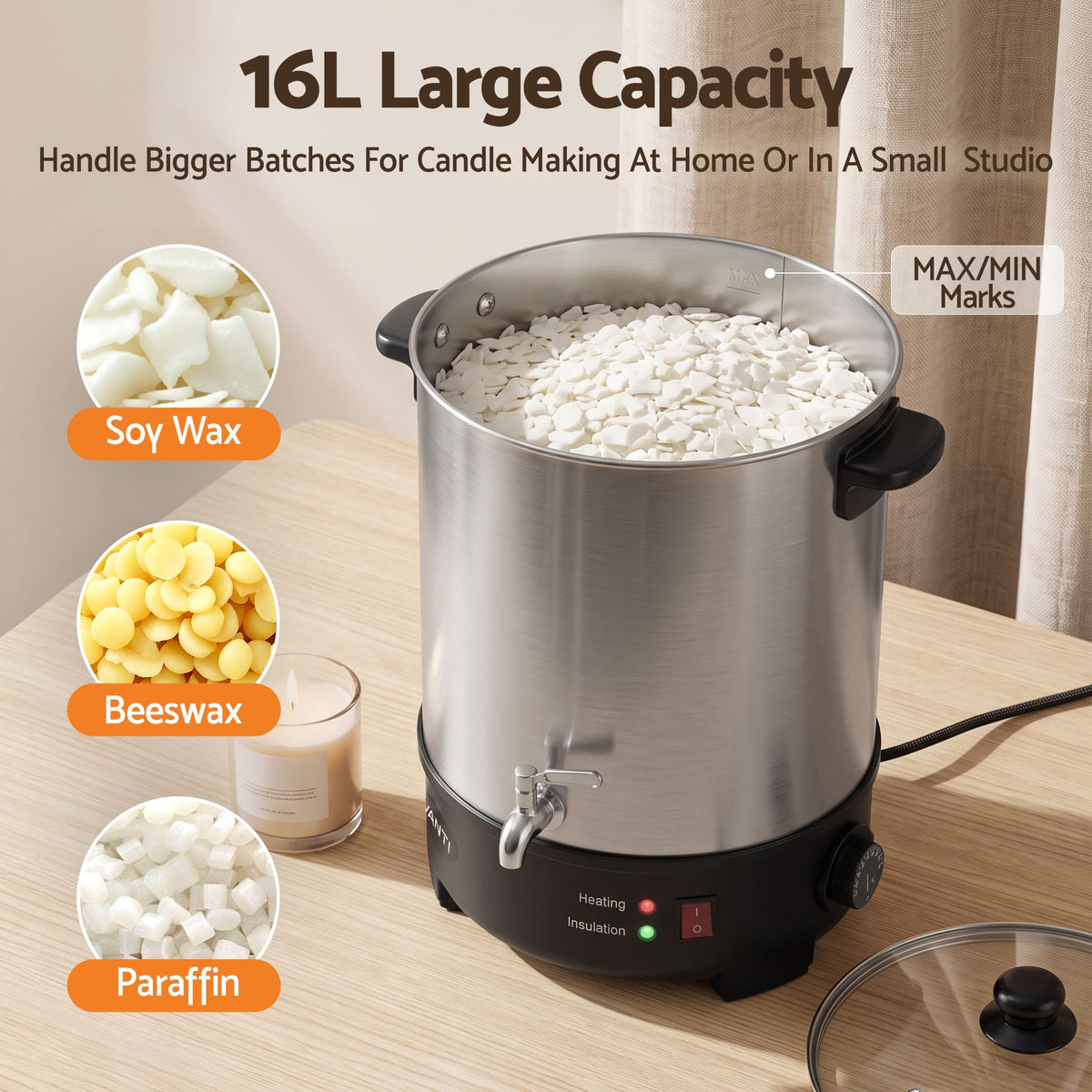Devanti Electric Wax Melter with Tap and Candle Tool Set, 16L, Silver