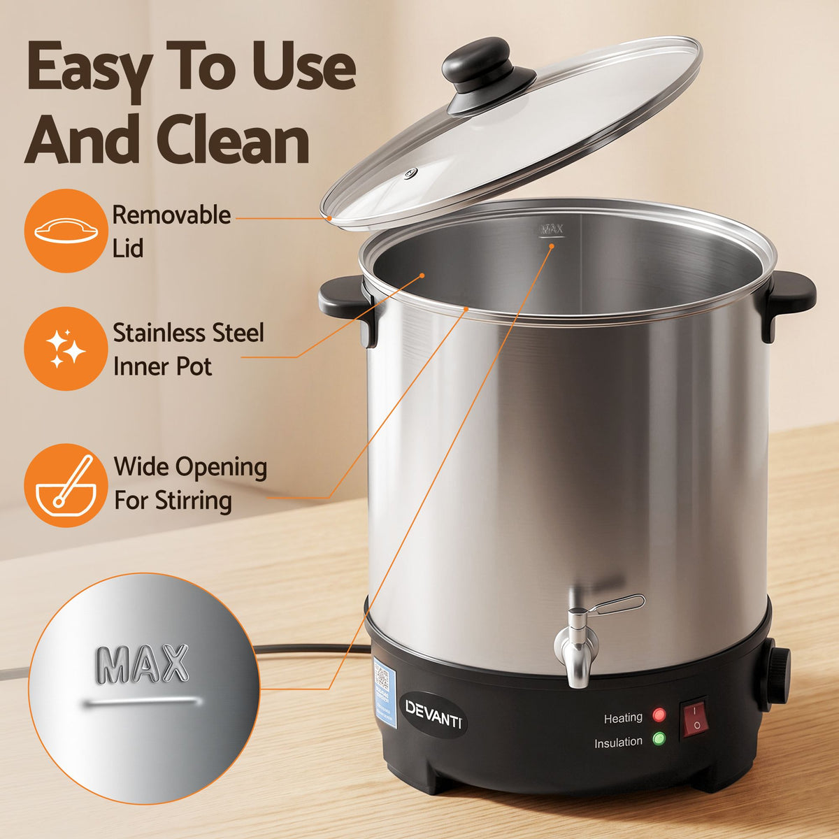 Devanti Electric Wax Melter with Tap and Candle Tool Set, 16L, Silver