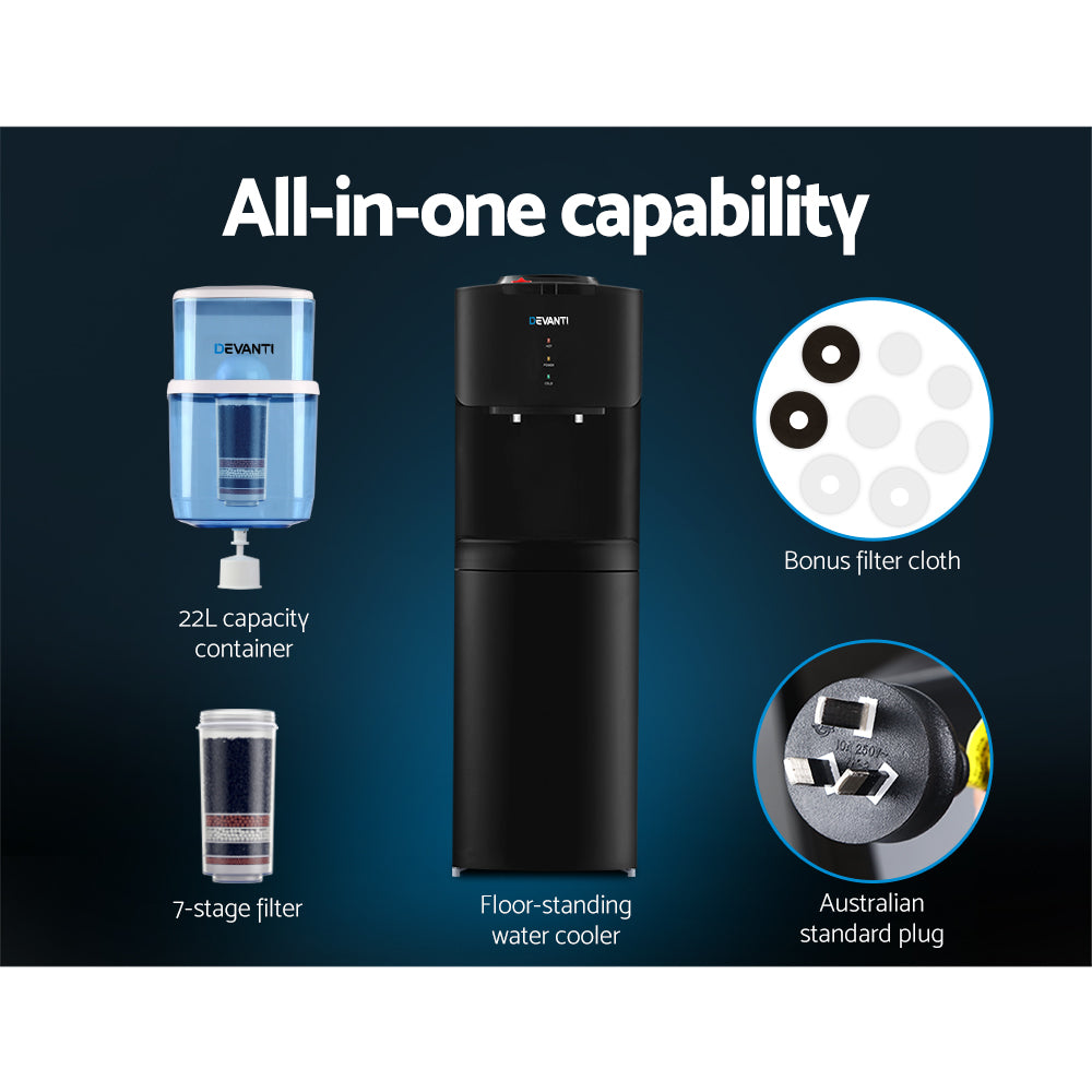Devanti Water Cooler Dispenser with 22L Filter Bottle, Hot and Cold, Black