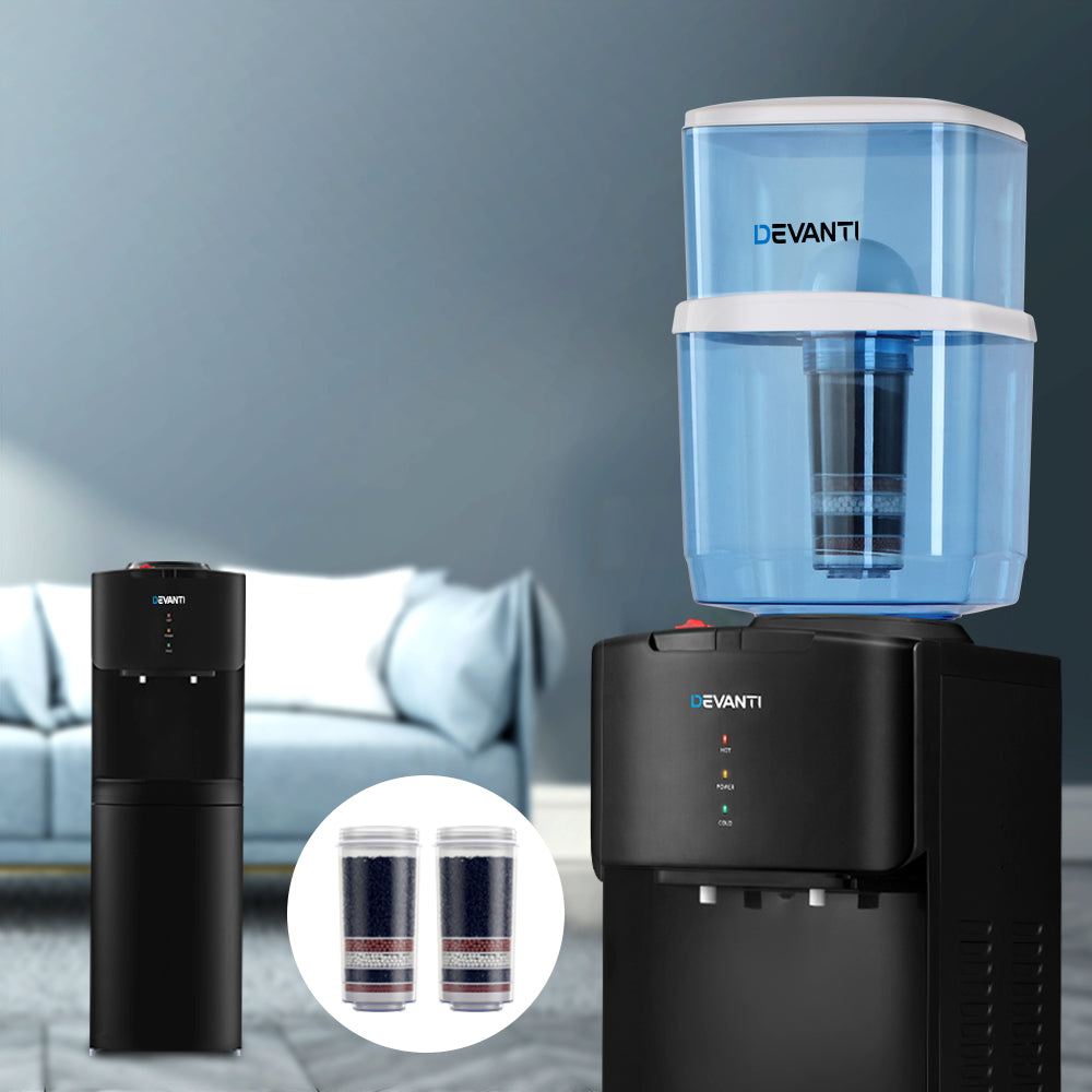 Devanti Water Cooler Dispenser with 22L Filter Bottle, Hot and Cold, Black, with 2 Spare Filters