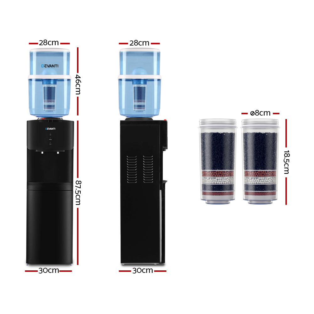 Devanti Water Cooler Dispenser with 22L Filter Bottle, Hot and Cold, Black, with 2 Spare Filters