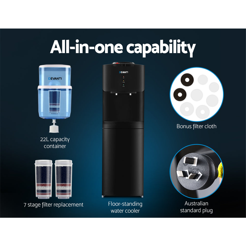 Devanti Water Cooler Dispenser with 22L Filter Bottle, Hot and Cold, Black, with 2 Spare Filters