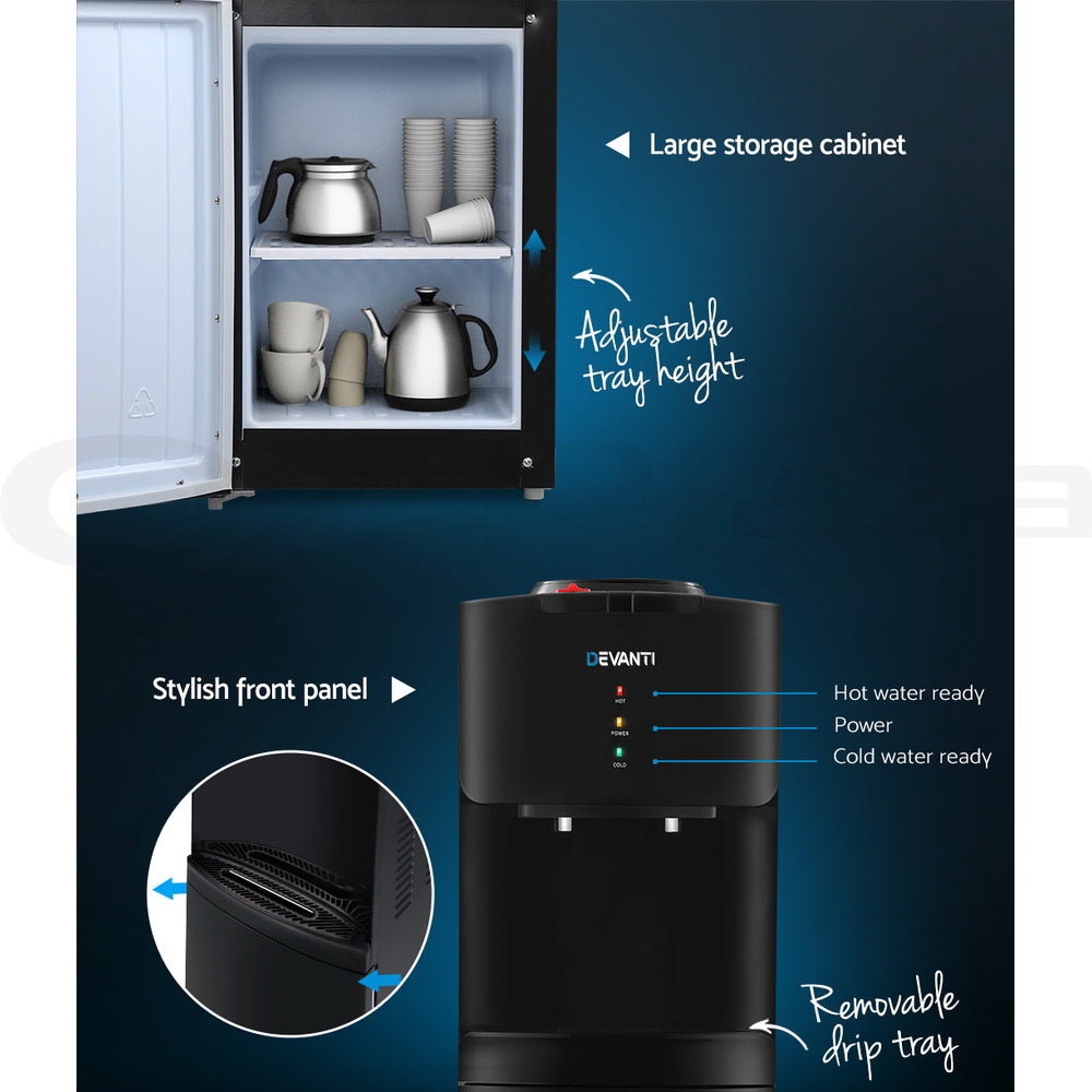 Devanti Water Cooler Dispenser with 22L Filter Bottle, Hot and Cold, Black, with 2 Spare Filters