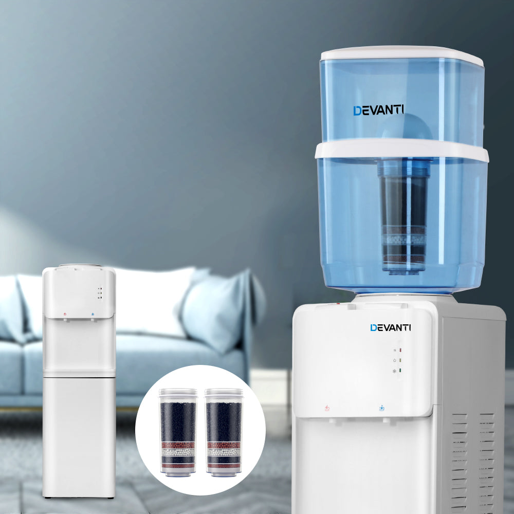 Devanti Water Cooler Dispenser with 22L Filter Bottle, Hot and Cold, White, with 2 Spare Filters