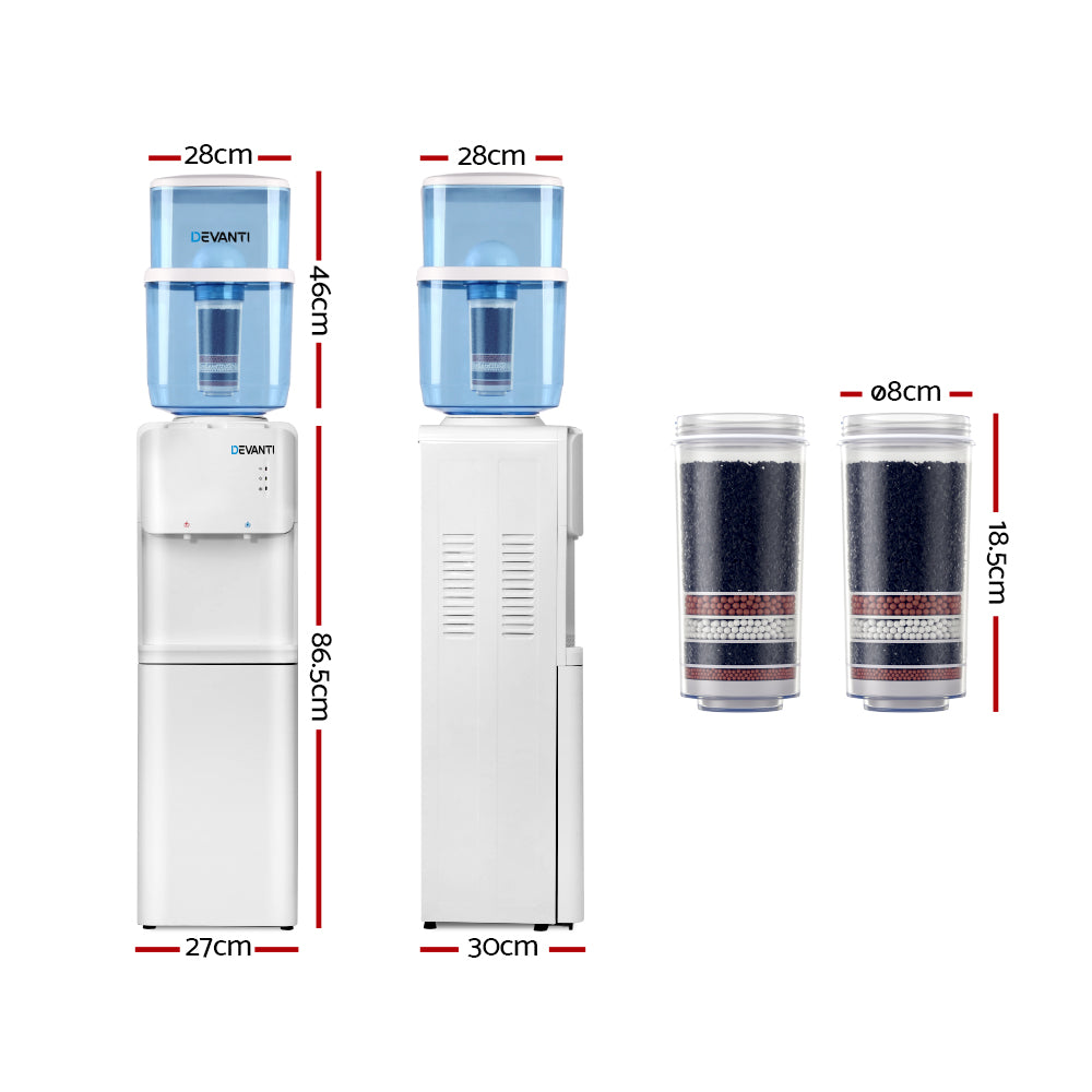 Devanti Water Cooler Dispenser with 22L Filter Bottle, Hot and Cold, White, with 2 Spare Filters