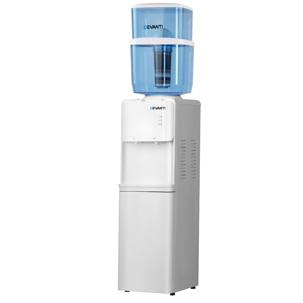 Devanti Water Cooler Dispenser with 22L Filter Bottle, Hot and Cold, White, with 2 Spare Filters