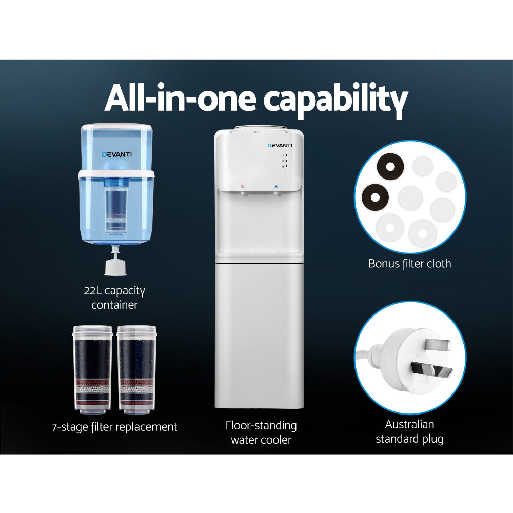 Devanti Water Cooler Dispenser with 22L Filter Bottle, Hot and Cold, White, with 2 Spare Filters